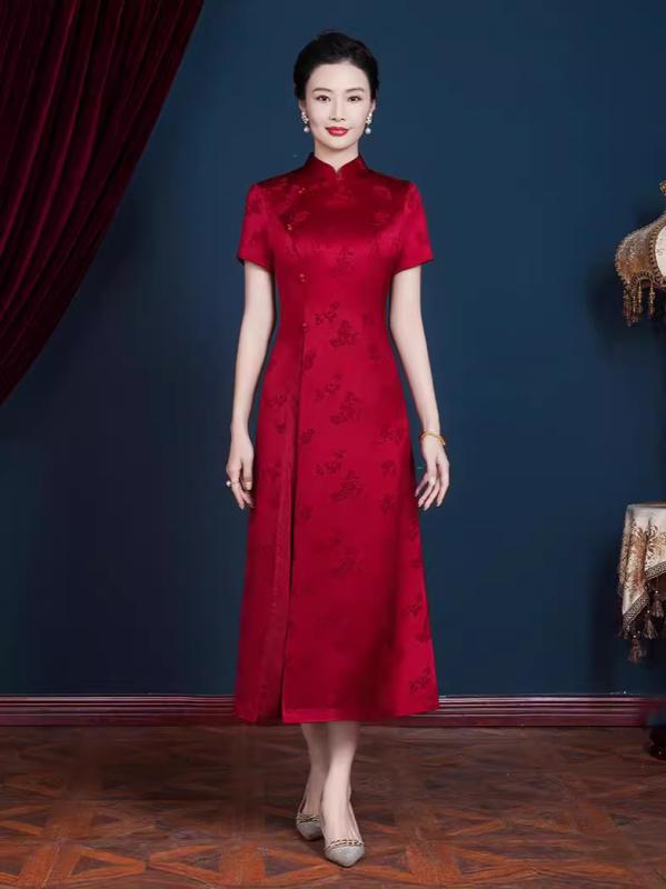 Dresses - チャイナドレス レディース 結婚式 母親 ドレス ロング丈 立領 三分袖 トリアセテート ジャガード織り サテン レトロ風 エレガント 披露宴 フォーマル