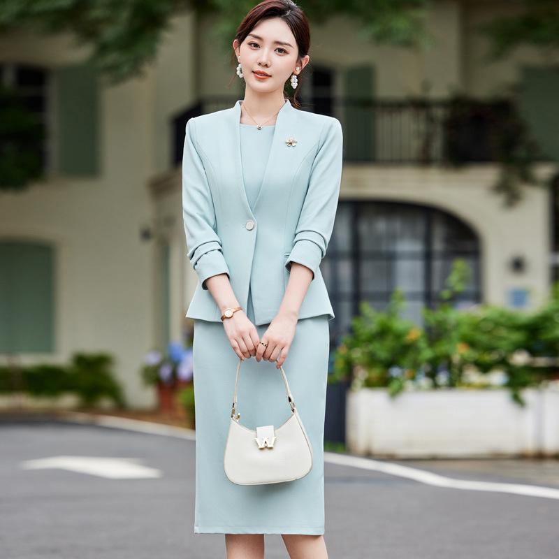 Pants Suit - セットアップ レディース 春秋 テーラードジャケット ワンピース ピンク ブラック スカイブルー ビジネス 通勤 フォーマル きれいめ 上品 スリム 長袖 無地 ボタン 膝丈 スーツ 2点セット ポリエステル 40代 伸縮性 シワになりにくい ア