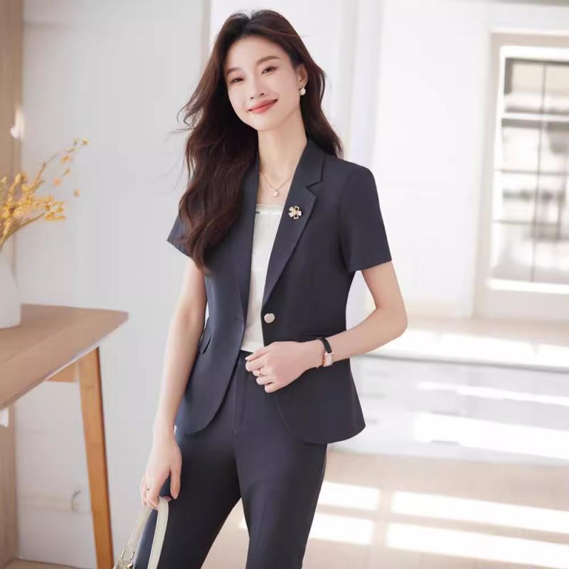 Pants Suit - セットアップ レディース スーツ ジャケット 半袖 パンツ スカート アンクル丈 面接 就職活動 通勤 事務服 上品 きれいめ 無地 大きいサイズ 春夏 ブルー グレー ブラック ポリエステル ストレッチ