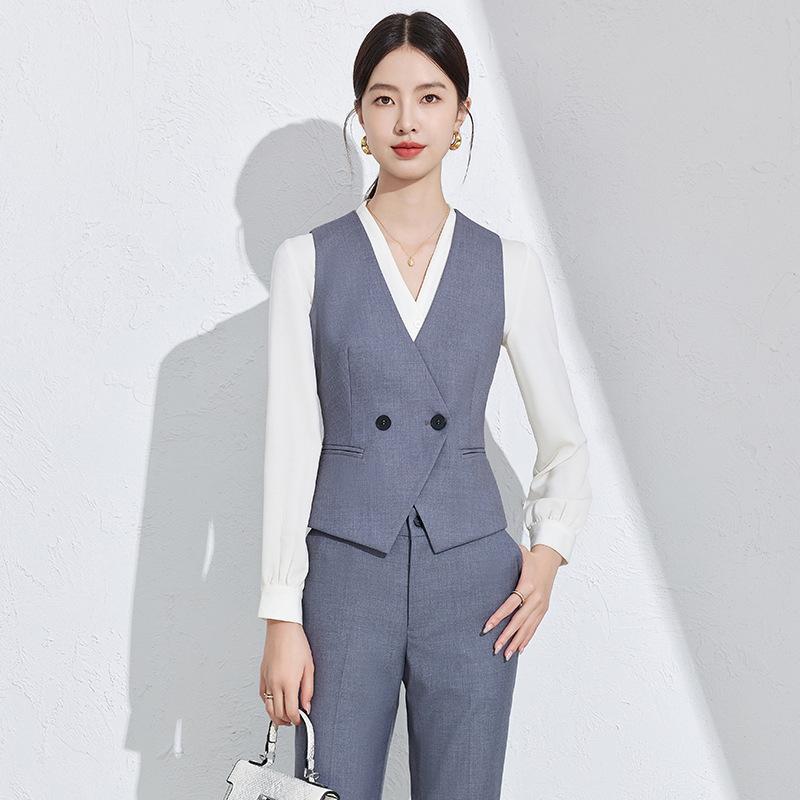 ベスト レディース ジレ チョッキ 春秋 通勤 ビジネス 事務服 前開き ノースリーブ トップス Vネック ポリエステル ブラック ダークブルー グレー シンプル 無地 オフィスカジュアル 上着 重ね着