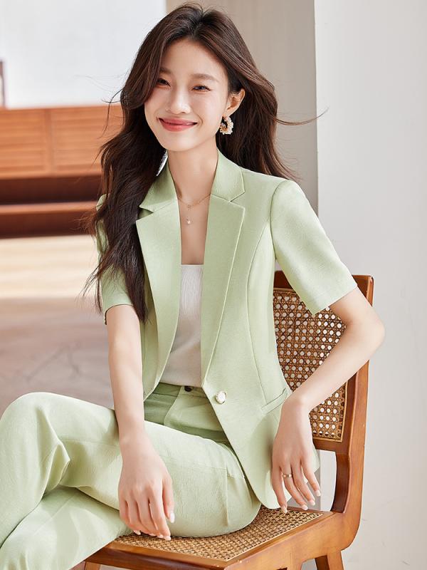 Suits For Job Interviews - セットアップ レディース テーラードジャケット 半袖 フレアパンツ スラックス 春夏 スーツ 上品 無地 カジュアル オフィス 通勤 お出かけ 低身長 ボタン ピンク グリーン アプリコット きれいめ ポリエステル