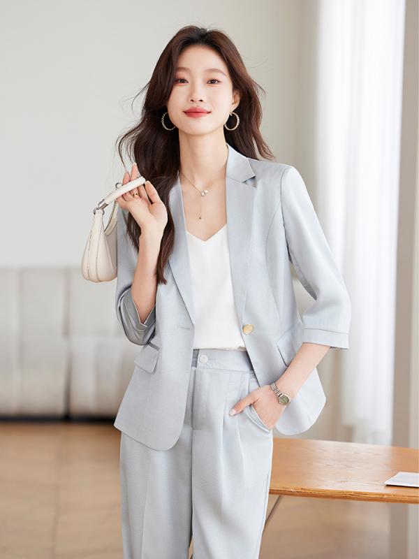 Suits For Job Interviews - セットアップ レディース パンツスーツ ビジネス フォーマル テーラードジャケット スラックス 長袖 事務服 ホテル 受付 春夏 ポリエステル エレガント きれいめ 無地 ブラック ブルー アプリコット 40代