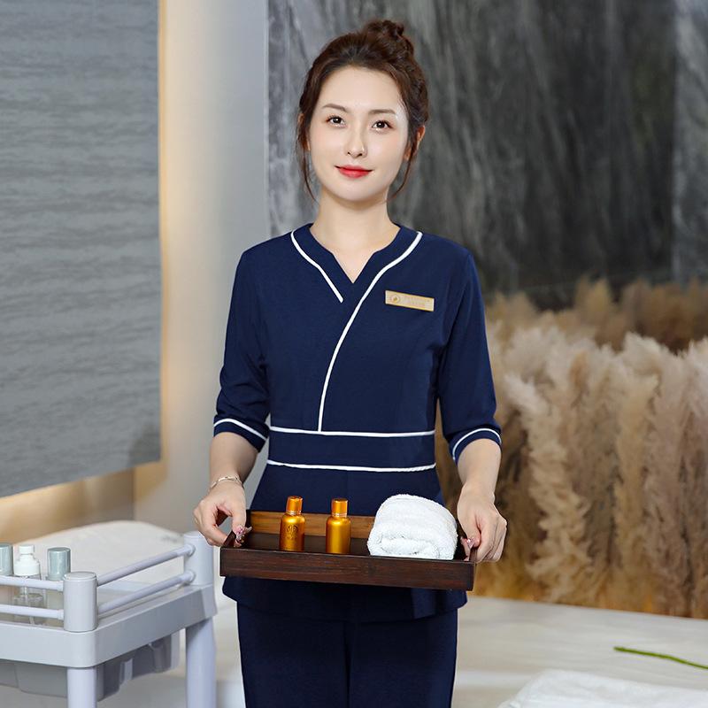 乐天商城 - セットアップ レディース 春夏 エステサロン 美容院 マッサージ ユニフォーム 制服 仕事着 施術着 事務服 作業服 五分袖 トップス ロングパンツ 上下セット 動きやすい ストレッチ 伸縮性 通気性 ホワイト グリーン ネイビー ポリエステル