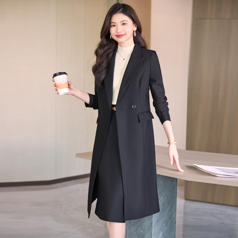 Suits For Job Interviews - セットアップ レディース トレンチコート ロング丈 ジャケット アウター タイトスカート 膝下 通勤 オフィス フォーマル 英国風 上品 エレガント 秋冬 レーヨン ポリエステル 黒 ブルー ブラウン