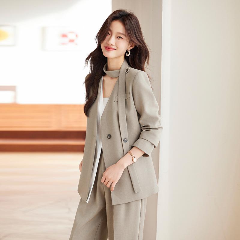 セットアップ レディース パンツスーツ テーラードジャケット スラックス 長袖 カジュアル オフィス 事務服 通勤 きれいめ 上品 垢抜け 韓国 春秋 ポリエステル ブラウン ブラック グレー