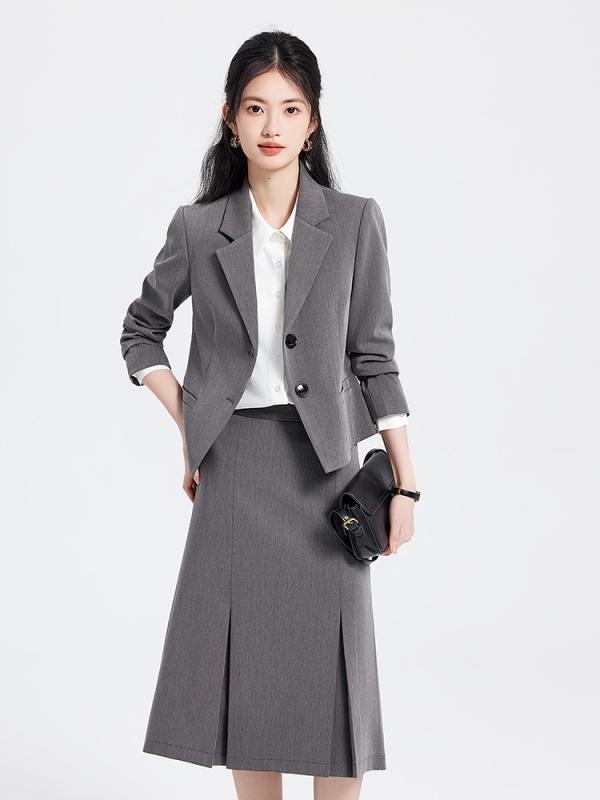 Suits For Job Interviews - スーツ レディース セットアップ テーラードジャケット スカート ブラウス 面接 通勤 オフィス フォーマル エレガント スリム 長袖 無地 ストレッチ ポリエステル ボタン グレー ブラック ホワイト 春秋