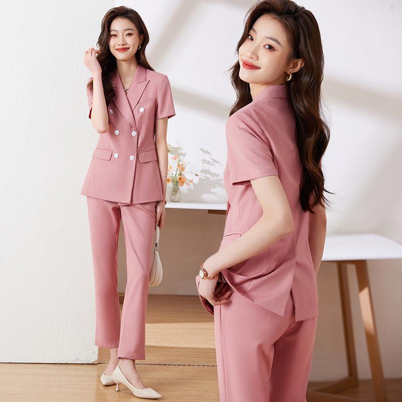 Pants Suit - スーツ レディース セットアップ 半袖 テーラードジャケット パンツ 九分丈 春夏 ピンク ライトブルー ネイビー 通勤 ビジネス 仕事服 ボトムス ポリエステル きれいめ 上品 フォーマル 涼しい