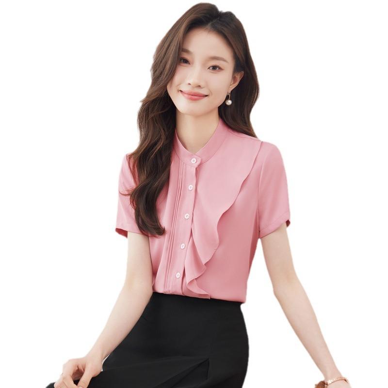 Rakuten - ブラウス レディース シャツ トップス 春夏 半袖 フリル シフォン スタンドカラー 無地 オフィス 通勤 ビジネス きれいめ 上品 フォーマル カジュアル エレガント ピンク グリーン ホワイト ボタン ポリエステル