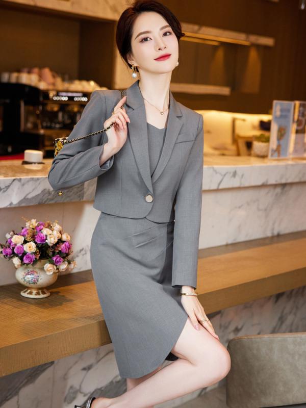 Suits For Job Interviews - スーツ レディース セットアップ ジャケット ジャンパースカート 2点セット プリーツ シワ加工 ミモレ丈 ロング丈 上下セット ビジネス 通勤 オフィス フォーマル 上品 エレガント おしゃれ きれいめ 無地 秋冬 ブラック グレー ピンク ボ