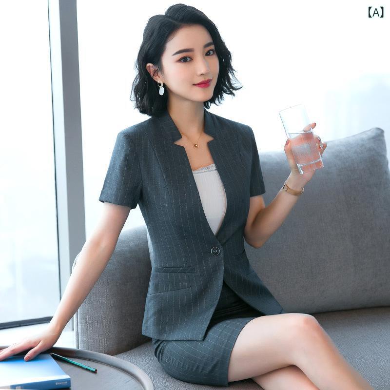 スーツ レディース セットアップ スカートスーツ 半袖 ストライプ 事務服 オフィス 通勤 フォーマル 春夏 ポリエステル 上下セット スリム きれいめ 上品 膝丈 ブラック グレー ブルー ウォッシャブル 涼しい 仕事着