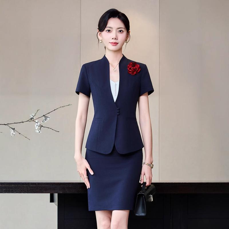 Pants Suit - スーツ レディース セットアップ 春夏 半袖 薄手 事務服 ビジネス 通勤 テーラードジャケット タイトスカート ロングパンツ 3点セット 上下セット ウォッシャブル 無地 ブラック グレー ブルー スリム フィット ボタン
