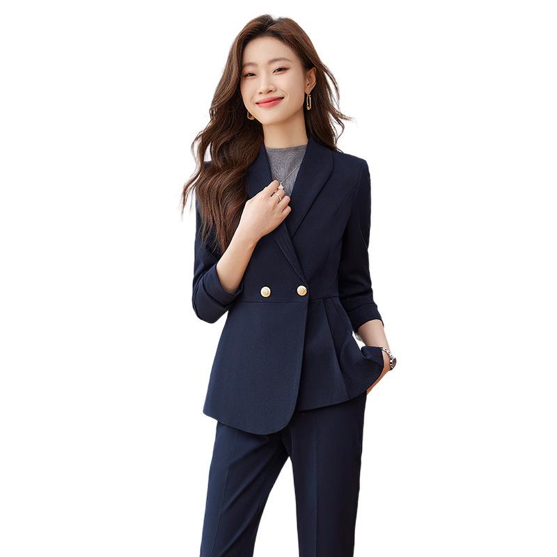 Rakuten - セットアップ レディース ネイビー ブラック グレー 秋冬 テーラードジャケット パンツスーツ アシンメトリー 事務服 オフィス 通勤 ビジネス フォーマル 九分丈 伸縮性 ストレッチ エレガント 上品 ポリエステル 長袖