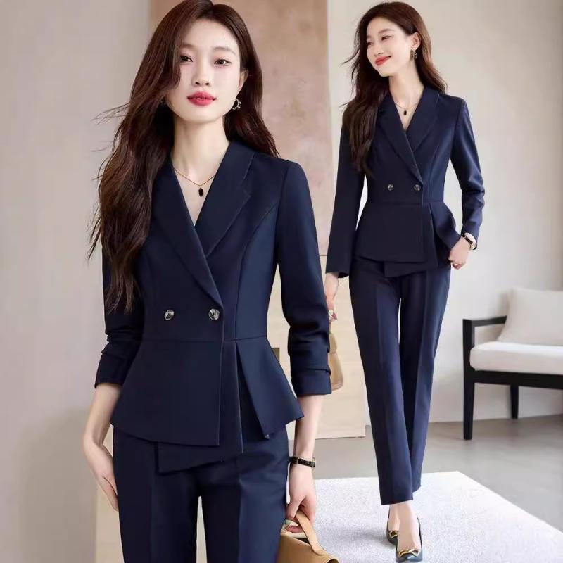 Suits For Job Interviews - パンツスーツ レディース グレー ネイビー ブラック 秋冬 通勤 オフィス 事務服 長袖 ジャケット スラックス スリム タイト エレガント 上品 無地 40代 ポリエステル レーヨン フォーマル 受付 制服 ボタン