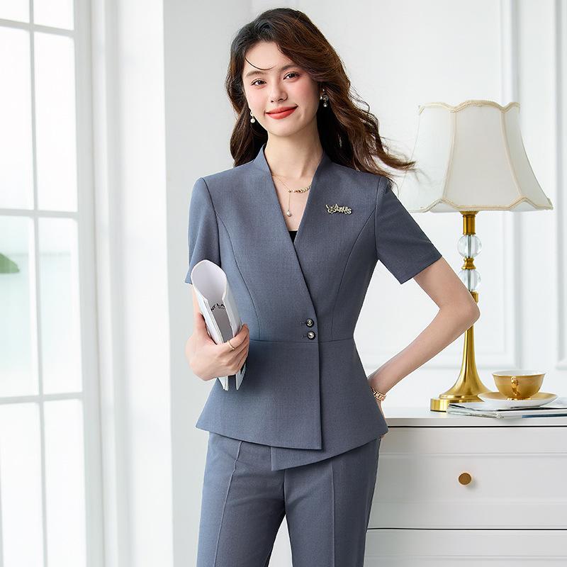 スーツ レディース セットアップ 事務服 接客 ホテル 受付 半袖 Vネック パンツ スカート 春夏 仕事着 通勤 ビジネス 30代 エレガント フォーマル ポリエステル 伸縮性 ネイビー グレー