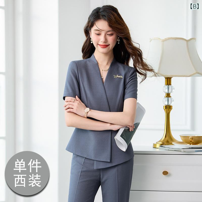 スーツ レディース セットアップ 事務服 接客 ホテル 受付 半袖 Vネック パンツ スカート 春夏 仕事着 通勤 ビジネス 30代 エレガント フォーマル ポリエステル 伸縮性 ネイビー グレー 3