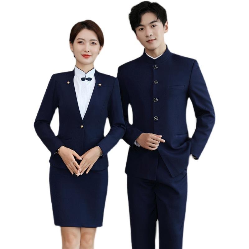 セットアップ メンズ レディース ホテル 受付 接客 制服 コンシェルジュ スーツ ジャケット スラックス スカート ベスト 伸縮性 ストレッチ ブルー ブラック ワインレッド オールシーズン