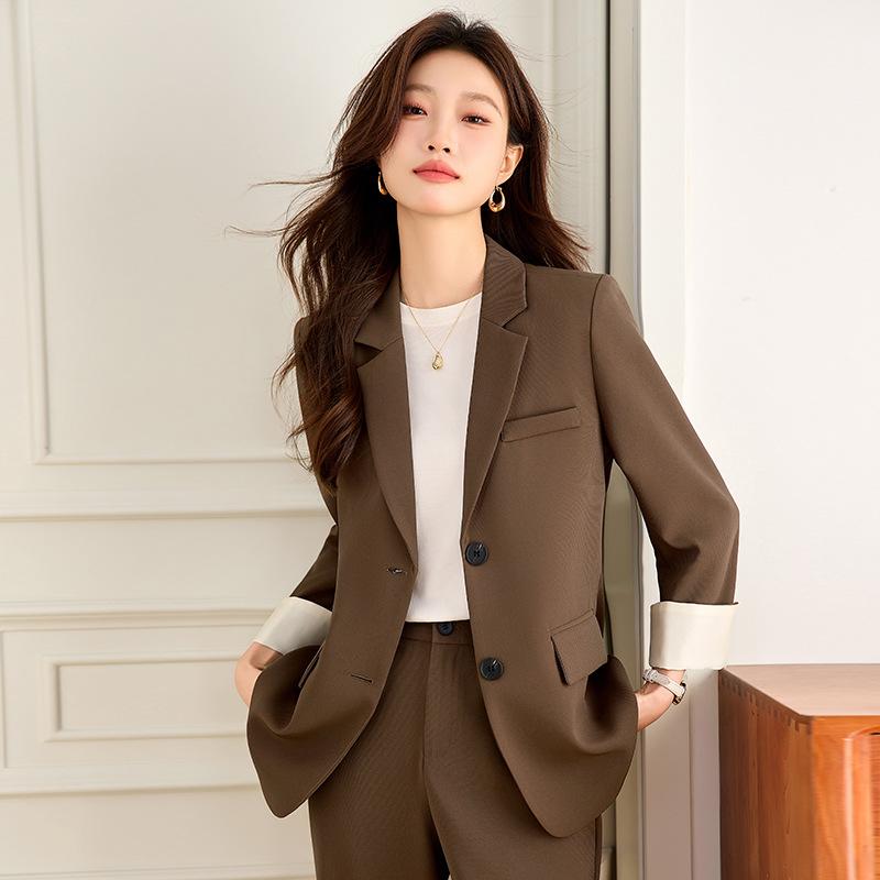 Pants Suit - セットアップ レディース 秋冬 テーラードジャケット ロングパンツ スーツ 2点セット ビジネス オフィス 通勤 フォーマル きれいめ 事務服 リクルート ストレッチ ポリエステル ブラック イエロー ブラウン 30代