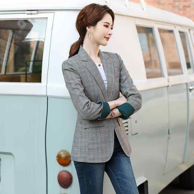 テーラードジャケット レディース アウター チェック柄 春秋 ブリティッシュ 韓国 ゆったり 落ち感 きれいめ 通勤 オフィス ポリエステル 長袖 ポケット ブルー カーキ 大きいサイズ 体型カバー カジュアル