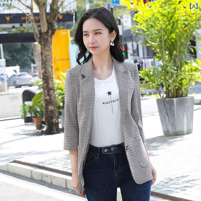 Other Jackets Jumpers - テーラードジャケット レディース 千鳥格子 春夏 韓国ファッション きれいめ カジュアル 英国風 通勤 オフィス 事務服 アウター 上着 羽織り スリム ポケット ボタン ポリエステル ブラック ホワイト イエロー