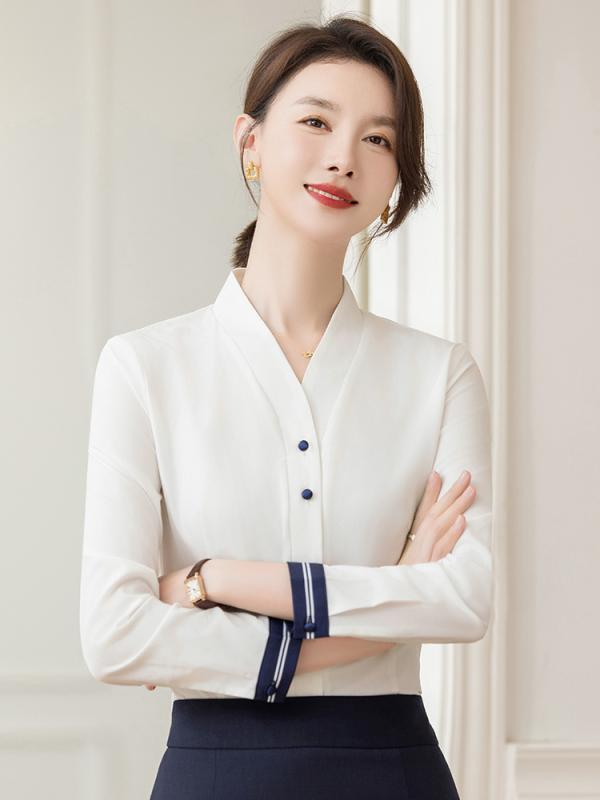 Rakuten - シャツ レディース ブラウス トップス 事務服 制服 白 秋冬 長袖 Vネック ボタン 無地 前開き 通勤 オフィス ビジネス フォーマル リクルート エレガント きれいめ スリム 上品 ポリエステル 伸縮性