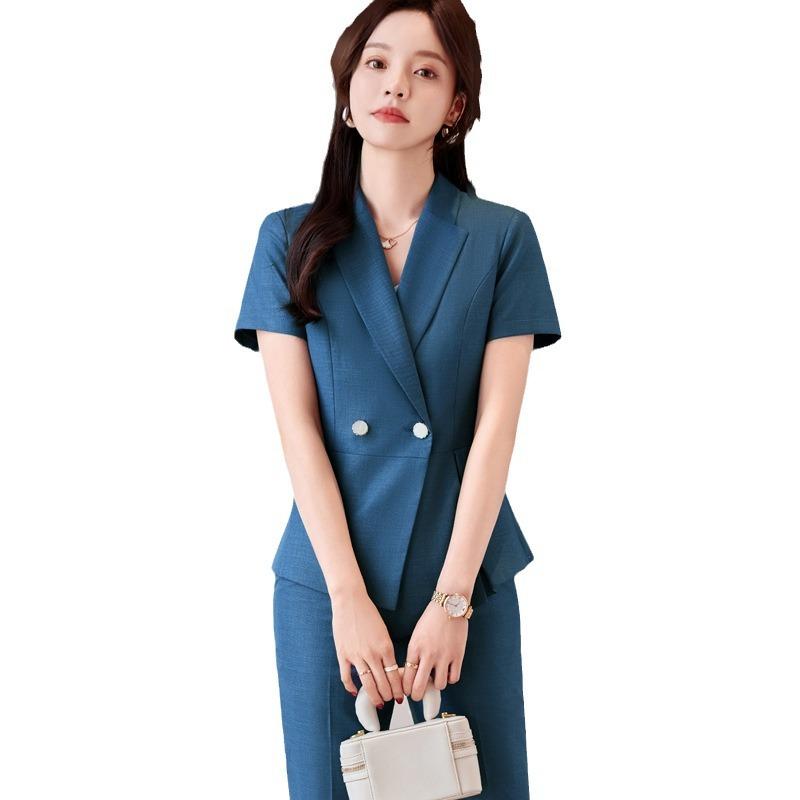 Rakuten - セットアップ レディース 半袖 ジャケット パンツスーツ ビジネス オフィス 通勤 制服 事務服 スラックス 薄手 涼しい 春夏 ブラック ブルー グレー ポリエステル ポリウレタン ボタン