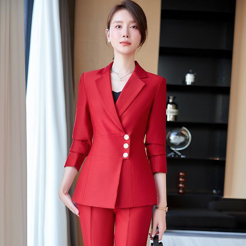 スーツ レディース セットアップ 春秋 ビジネス フォーマル 事務服 面接 就活 通勤 制服 ユニフォーム オフィス 接客 冠婚葬祭 ジャケット パンツ スカート 上下セット おしゃれ ポリエステル ビスコース 長袖 無地 ブルー ブラック レッ