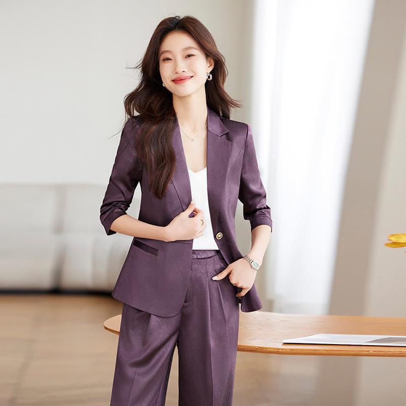 セットアップ レディース ジャケット 七分袖 ワイドパンツ ロング丈 事務服 オフィス 通勤 フォーマル ビジネス ポリエステル 春夏 グレー バニラグリーン パープル きれいめ 体型カバー 無地 シンプル