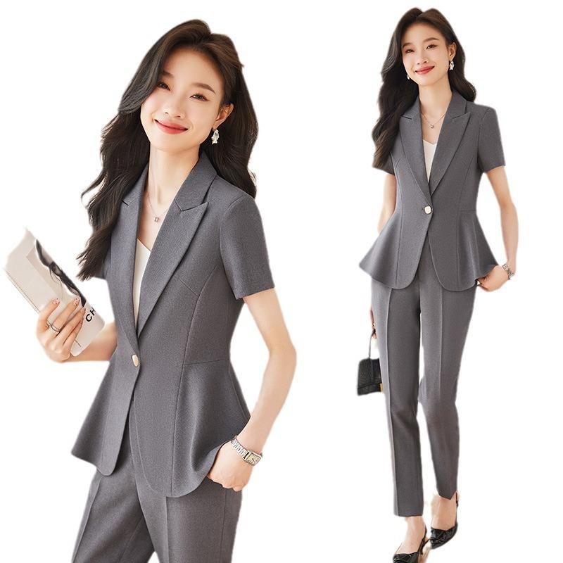 Suits For Job Interviews - セットアップ レディース 半袖 ジャケット パンツ スカート スーツ 事務服 通勤 オフィス 春夏 涼しい 薄手 きれいめ 上品 ビジネス フォーマル 制服 カーキ ネイビー ポリエステル ポリウレタン