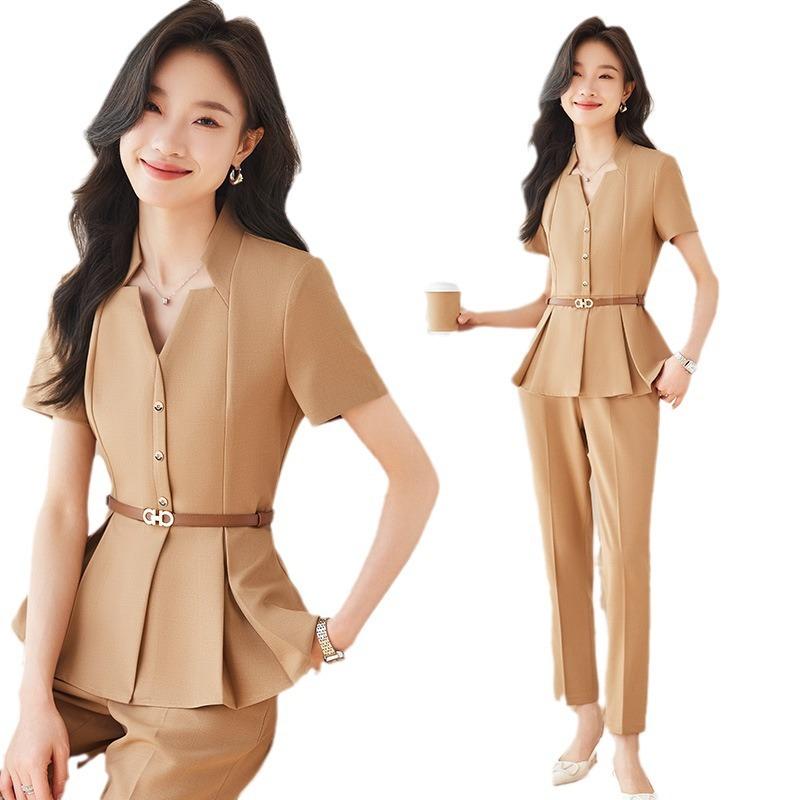 Suits For Job Interviews - スーツ レディース セットアップ ジャケット パンツ スカート 春夏 半袖 ネイビー ブラック グレー 通勤 面接 司会 事務服 ビジネス フォーマル オフィス 洗える ストレッチ 伸縮性 おしゃれ ポリエステル 九分丈 正装