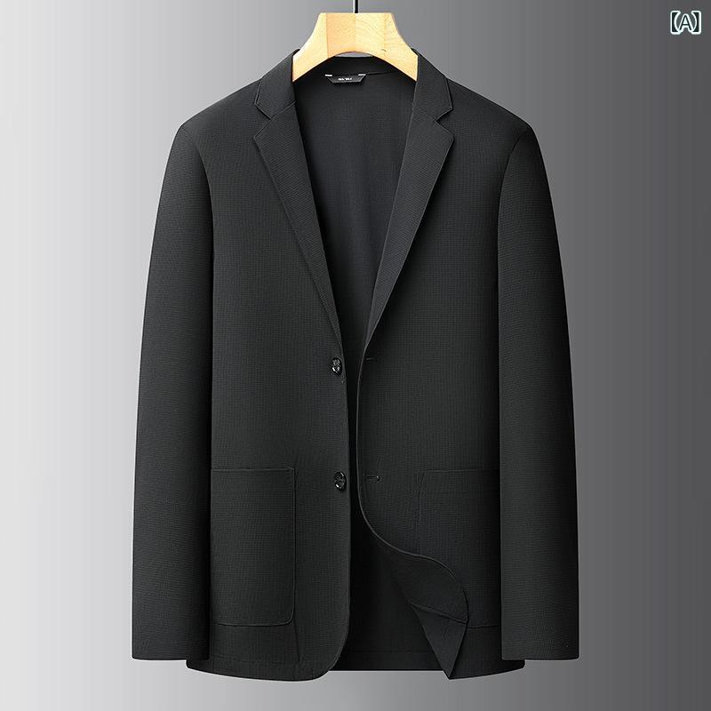 Rakuten - テーラードジャケット メンズ 男性用 上着 紳士服 快適 大きいサイズ カジュアル ビジネス 軽量 通気性 スリム 細身 無地 シンプル ポリエステル 通勤 普段使い ビジカジ 春夏 ブラック ブルー グレー ボタン