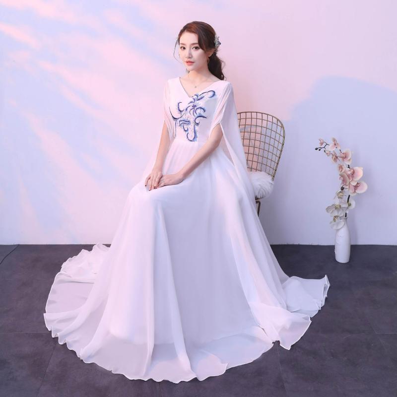 チャイナドレス レディース 長袖 ロング丈 Aライン 網紗 青花瓷風 演奏会 発表会 舞台衣装 一字肩 成人