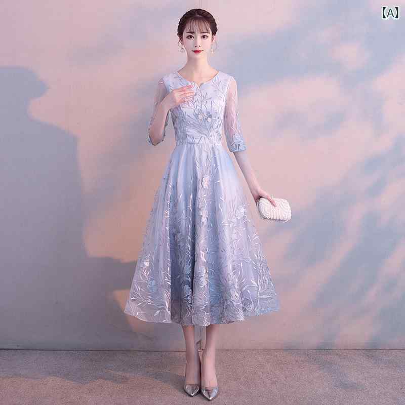 フロントップ楽天市場店のワンピース レディース 膝丈 宴会 披露宴 パーティー 網紗 五分袖 ハイウエスト プリンセスライン シンプル 上品 グレー｜アングル2