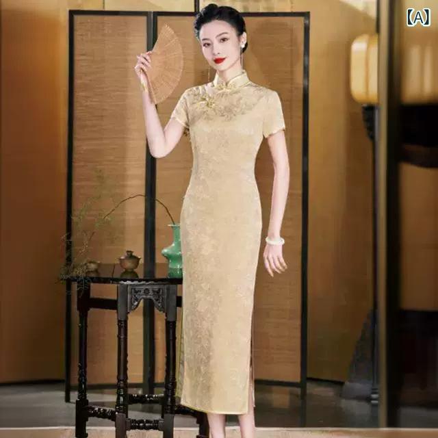 フロントップ楽天市場店のチャイナドレス レディース 立体柄 桑蚕丝 真丝 ロング丈 立襟 斜襟 三分袖 低開き 高貴 エレガント 甘いスタイル 結婚式 披露宴 礼服 パーティー オールシーズン｜アングル2