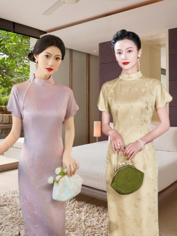 Nightwear - チャイナドレス レディース 長袖 桑蚕丝 ロング丈 立領 丸襟 通勤 冠婚葬祭 パーティー 発表会 上品 華やか ピンク イエロー