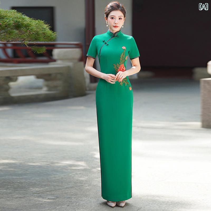 フロントップ楽天市場店のチャイナドレス レディース 春 チャイナ風 ロング丈 立襟 三分袖 高開衩 レトロ 緑色 文芸風 聚酯繊維 修身 きれいめ 演出用｜アングル2