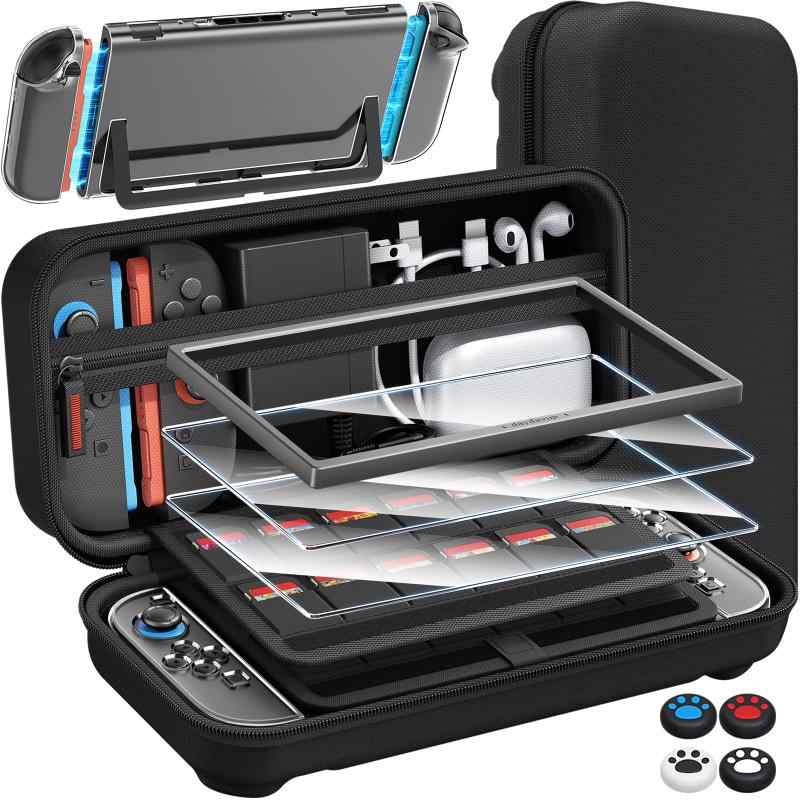 【新登場-14in1】Switch 2 専用 ケース 収納スイッチ2 ケース＋ガラスフイルム ガイド枠付き 2枚＋スティックキャップ4枚＋分体式設計 PCカバー+ 24ゲームカードスロット 大容量 収納バッグ 全面