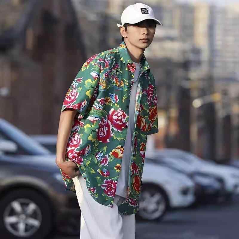 ・スタイル: 中国風・デザイン: 開襟シャツ・シルエット: ルーズフィット・襟型: 襟付き・袖丈: 五分袖・柄: 花柄、プリント・生地の厚さ: 薄手・素材: ポリエステル 81%-90%・着用シーン: ビーチ・カラー展開: ブラック、レッド、グリーン・サイズ展開: M、L、XL、XXL、XXXL・対象: メンズ・カテゴリ: シャツ