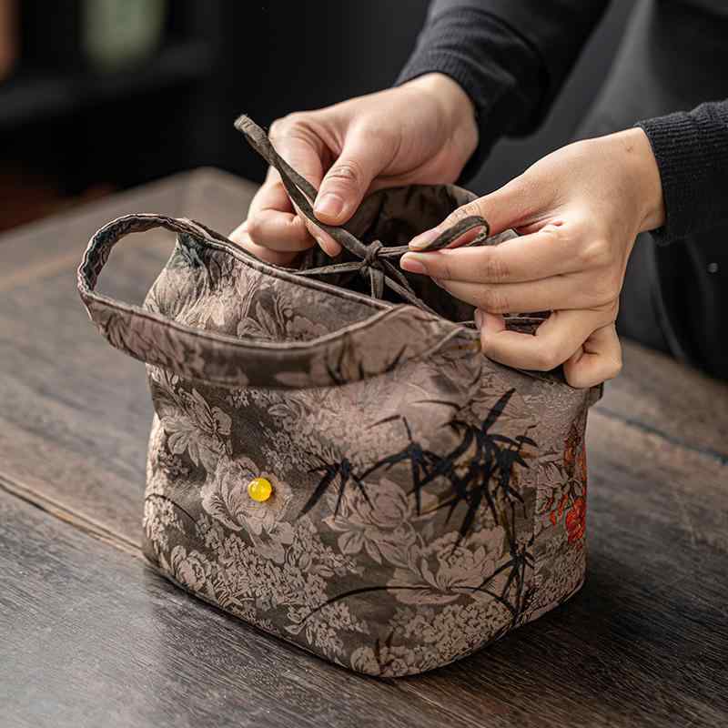 収納バッグ 茶器用 高級感 シルク調 織錦布 携帯用 旅行 アウトドア 茶具入れ 茶器...