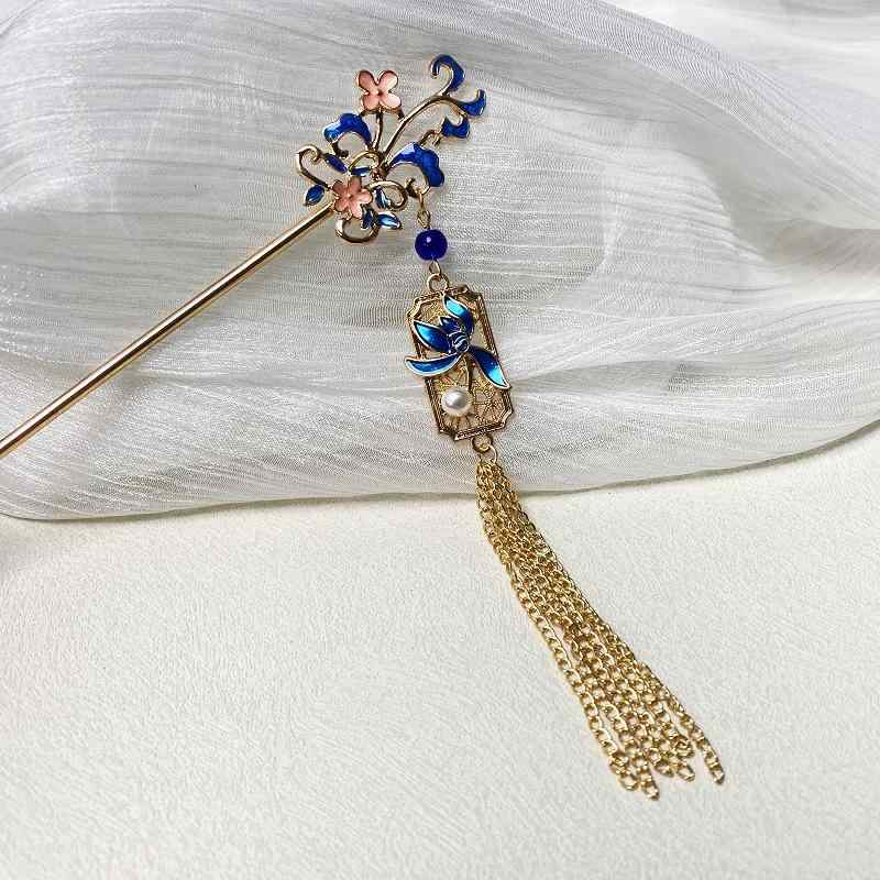 ・素材: 合金・スタイル: レトロ・モチーフ: 花・カラー展開: グリーン、ライトブルー、ダークブルー・カテゴリ: かんざし、ヘッドドレス
