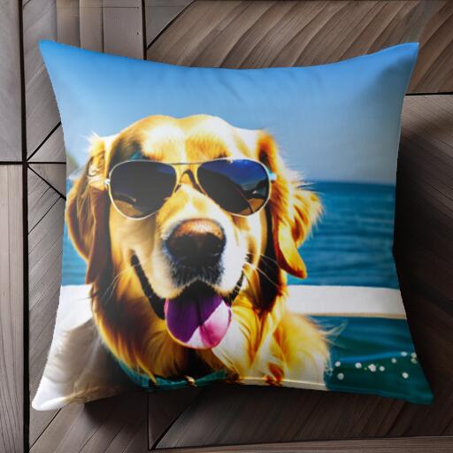 サングラス ゴールデンレトリバー 海 ボート 青空 Tシャツ クッションカバー 犬柄 45×45cm アニマル柄 おしゃれ 可愛い クッション本体付き 正方形