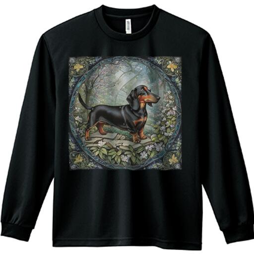 犬 ダックスフンド 花 緑 アーチ 自然 長袖Tシャツ 人間用 メンズ 秋春夏 プリント レジャー アウトドア カジュアル かわいい