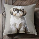 メガネ シーズー 白い毛 座っている Tシャツ メンズ クッションカバー 犬柄 45×45cm アニマル柄 おしゃれ 可愛い クッション本体付き 正方形