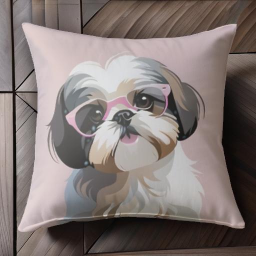 メガネ シーズー ピンク 背景 愛らしい Tシャツ クッションカバー 犬柄 45×45cm アニマル柄 おしゃれ ..