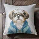 メガネ シーズー パーカー かわいい イラスト 犬 クッションカバー 犬柄 45×45cm アニマル柄 おしゃれ 可愛い クッション本体付き 正方形