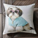 サングラス シーズー ブルーのジャケット 背景白 Tシャツ メンズ クッションカバー 犬柄 45×45cm アニマル柄 おしゃれ 可愛い クッション本体付き 正...