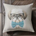メガネ シーズー 青い蝶ネクタイ Tシャツ メンズ キッズ クッションカバー 犬柄 45×45cm アニマル柄 おしゃれ 可愛い クッション本体付き 正方形
