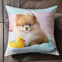黄色いアヒル ポメラニアン ピンクのクッション ベッド Tシャツ メンズ クッションカバー 犬柄 45×45cm アニマル柄 おしゃれ 可愛い クッション本体付...