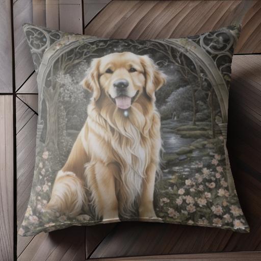 アーチ ゴールデンレトリバー 花 森 川 Tシャツ クッションカバー 犬柄 45×45cm アニマル柄 おしゃれ 可愛い クッション本体付き 正方形