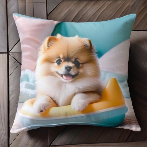 ピンクの枕 ポメラニアン 青い毛布 黄色のボート 滑らかな毛皮 可愛い表情 クッションカバー 犬柄 45×4..