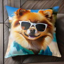 サングラス ポメラニアン プールサイド 青空 フード付きパーカー Tシャツ クッションカバー 犬柄 45×45cm アニマル柄 おしゃれ 可愛い クッション本体付き 正方形